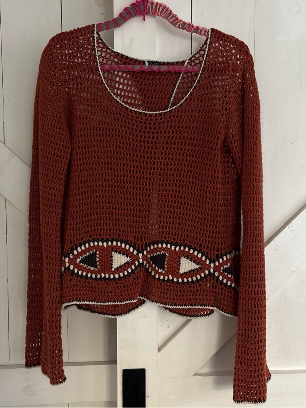 Volcom Rust Brown Open-Knit Scoop Neck Sweater with Geometric Trim